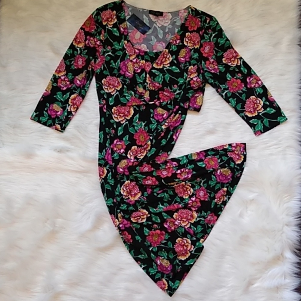 New Floral Midi Stretch Dress Black Red Half Sleeve